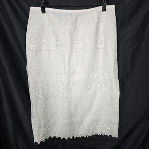 Lafayette 148 Women Linen Embroidered Lace Midi Skirt Size 8 White Resort Summer